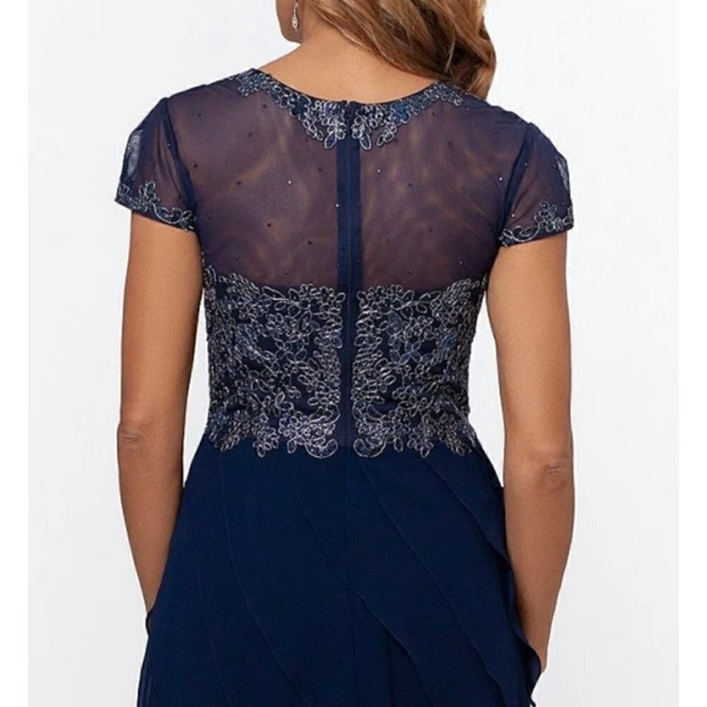 Xscape Embroidered Cap Sleeve Sweetheart Neckline Tiered Gown in Navy/Silver - Picture 4 of 14